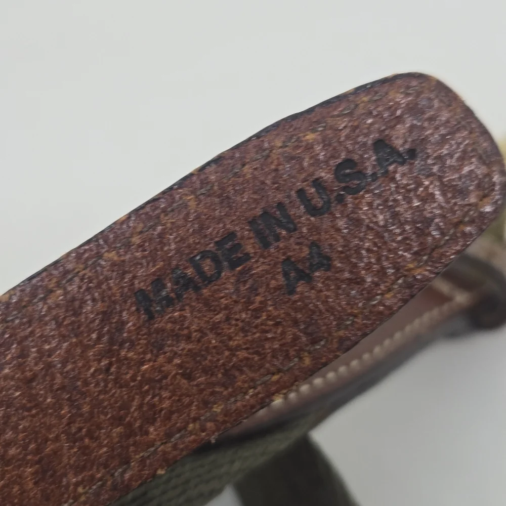 LL BEAN Golf‎ Belt Men 44 Brown Leather Green Canvas Brass Buckle Made USA